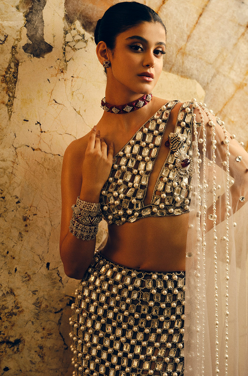 Grey Net Cutwork Skirt Set