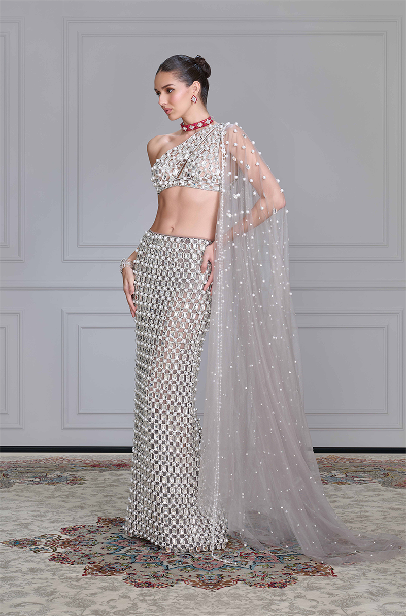 Grey Net Cutwork Skirt Set