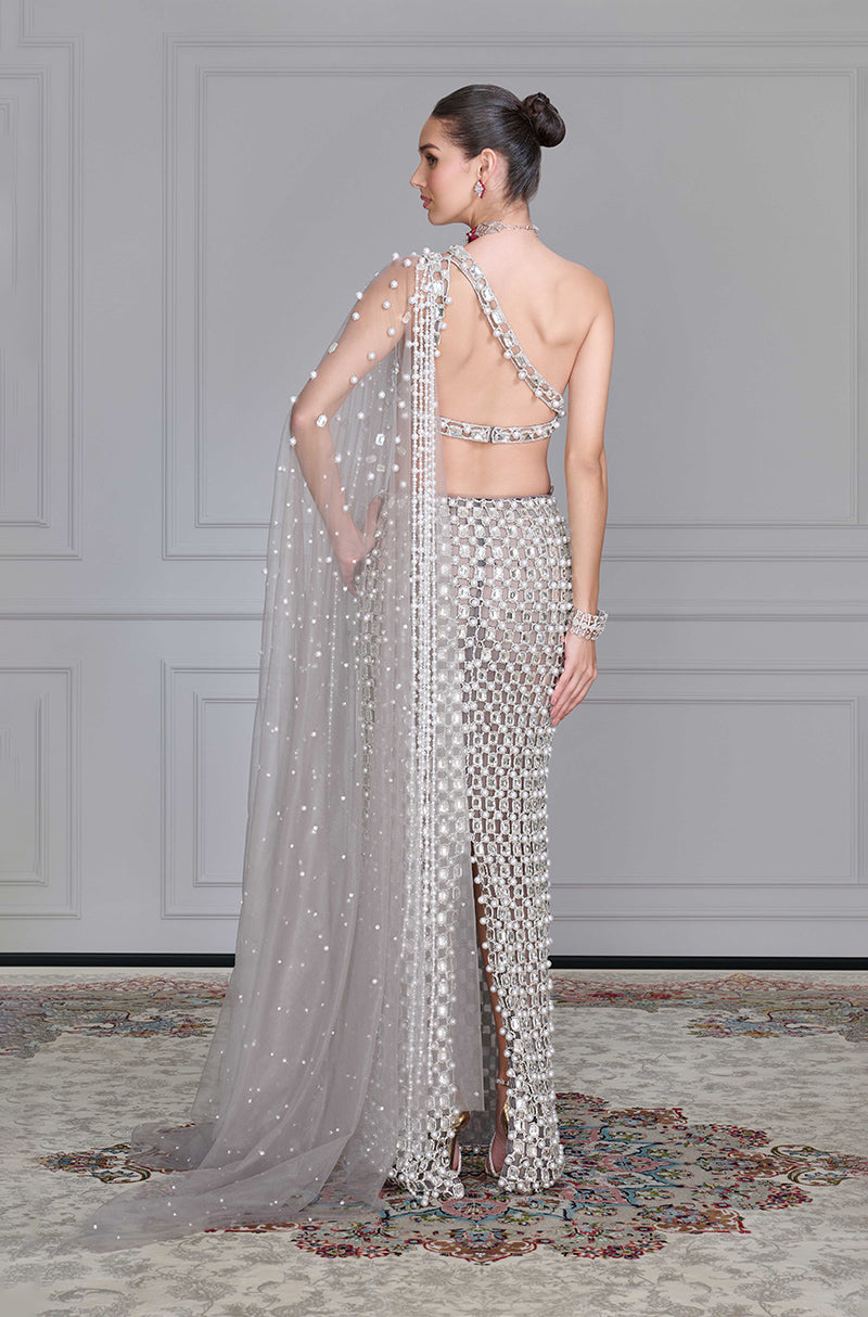 Grey Net Cutwork Skirt Set