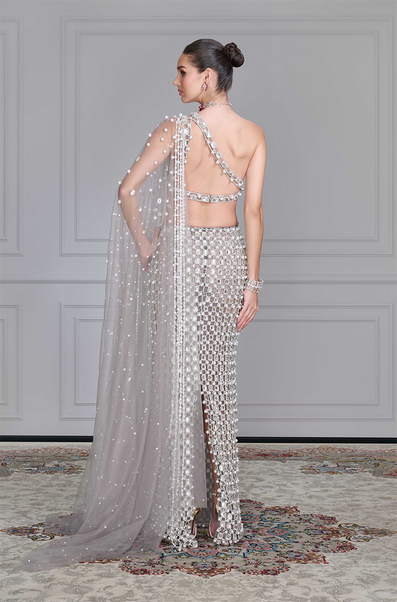 Grey Net Cutwork Skirt Set