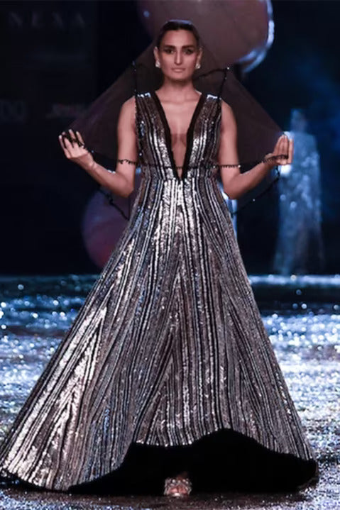 Black Silver Sequin Taban Gown