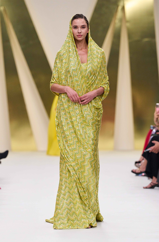 Yellow & Lime Green Sequin Off Shoulder Gown