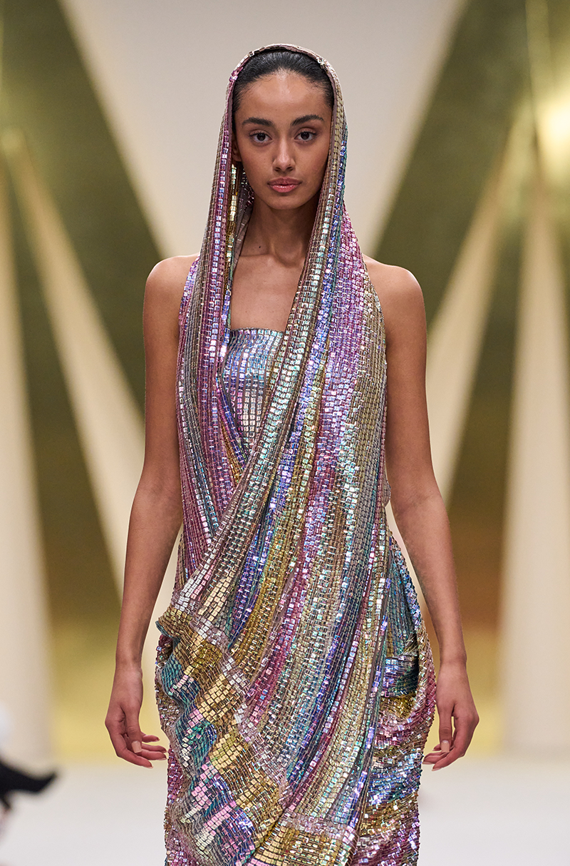 Multicoloured Striped Sequin Off Shoulder Gown