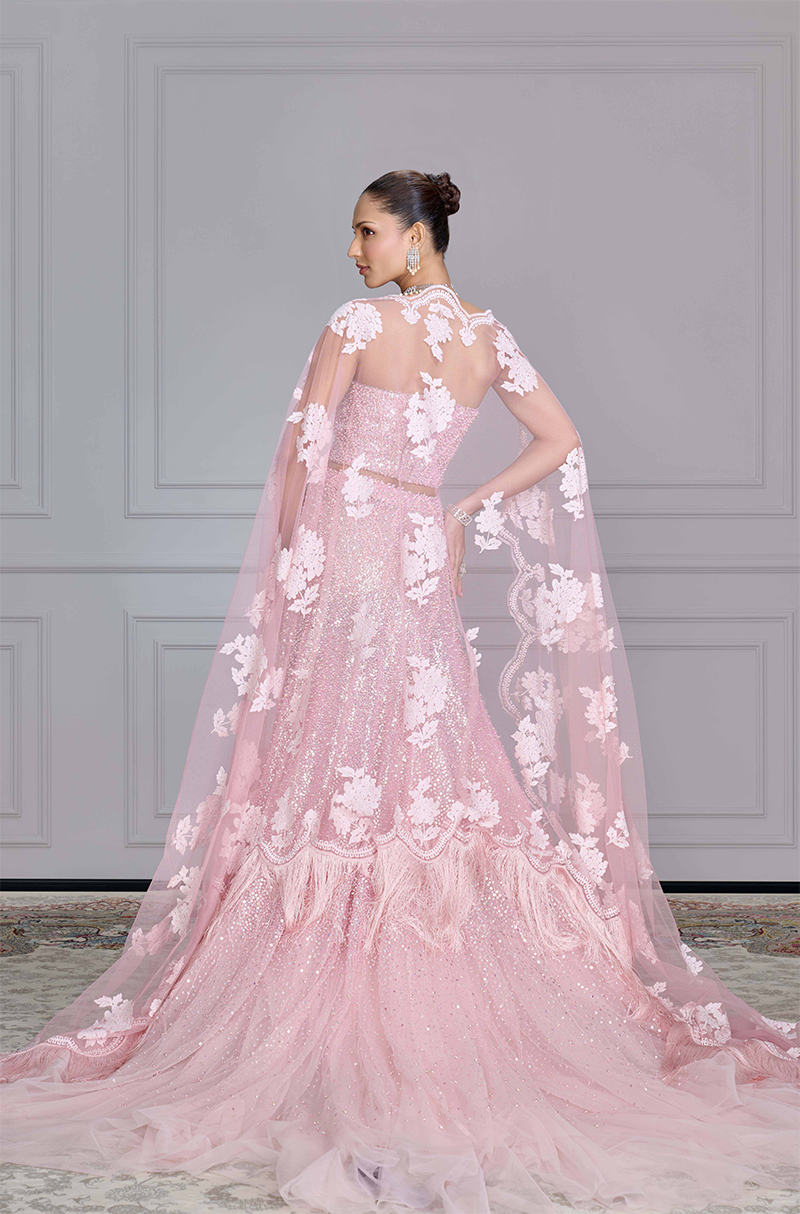 Pink Tulle Pearl & Sequin Embroidered Skirt Set