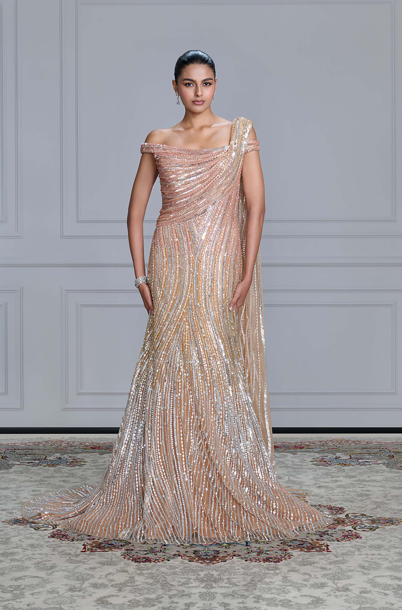 Gold Shaded Tulle Embroidered Gown