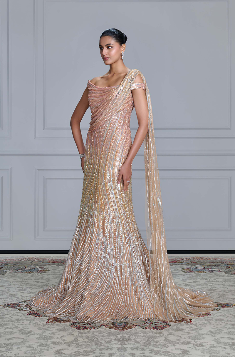 Gold Shaded Tulle Embroidered Gown