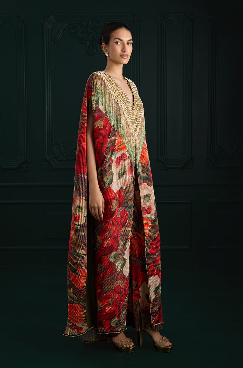 Red Pre-Pleated Printed Kaftan Kurta Set