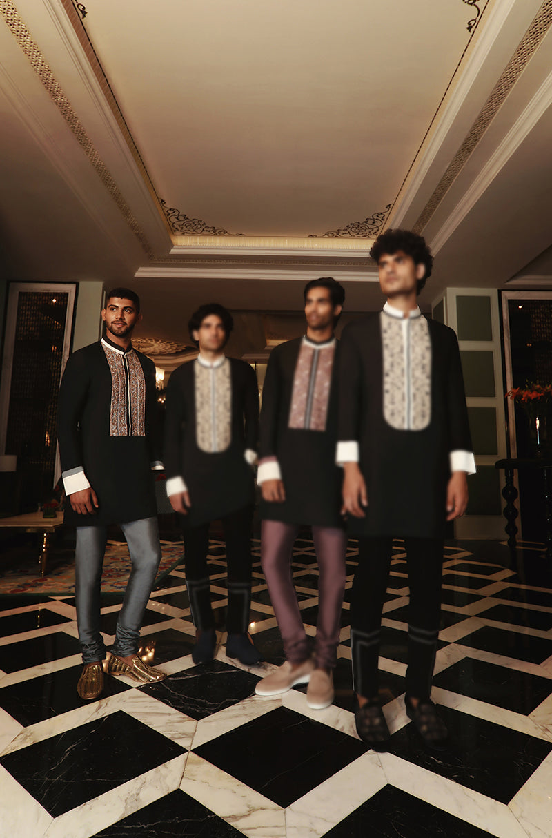 Black Kurta with Steel Grey Pants Set