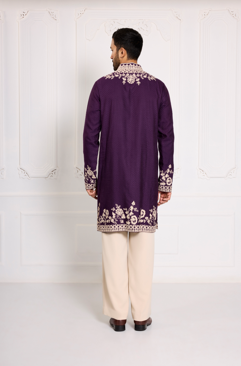 Purple Floral Dori Embroidered Kurta Set