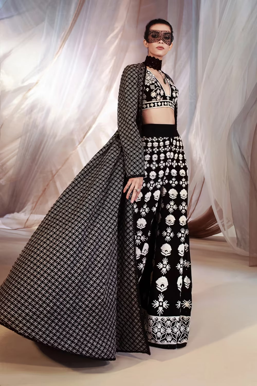 Black and Ivory Embroidered Sharara Jacket Set