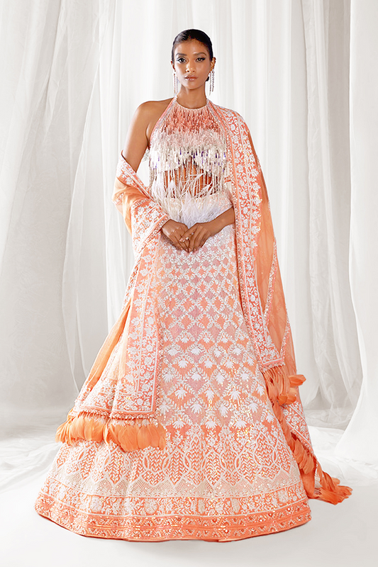 Ivory & Peach Mijwan Embroidered Lehenga Set