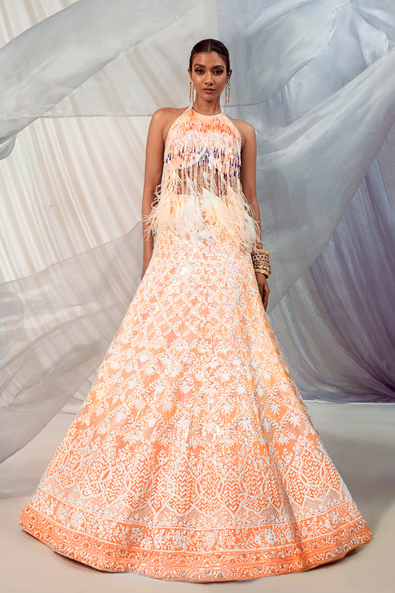 Ivory & Peach Mijwan Embroidered Lehenga Set