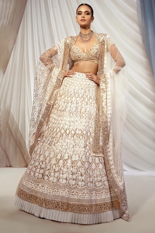 Rose Gold Ivory Chikankari Mijwan Lehenga Set