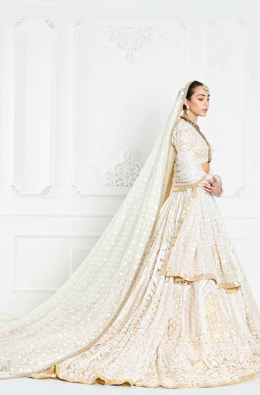 Ivory and Gold Kashmiri Embroidered Trailing Lehenga Set
