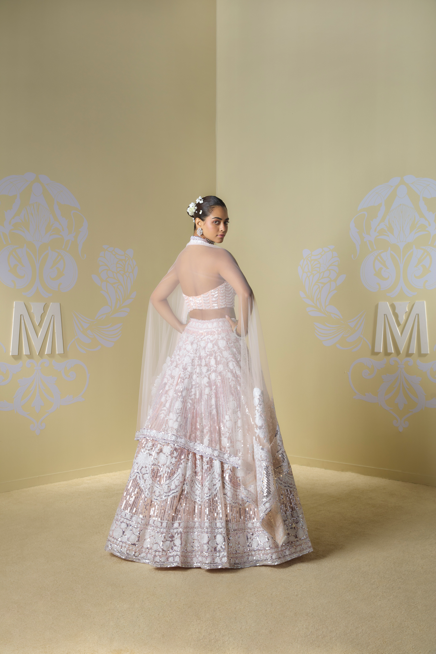 Peach Sequins Striped Kashmiri Lehenga Set