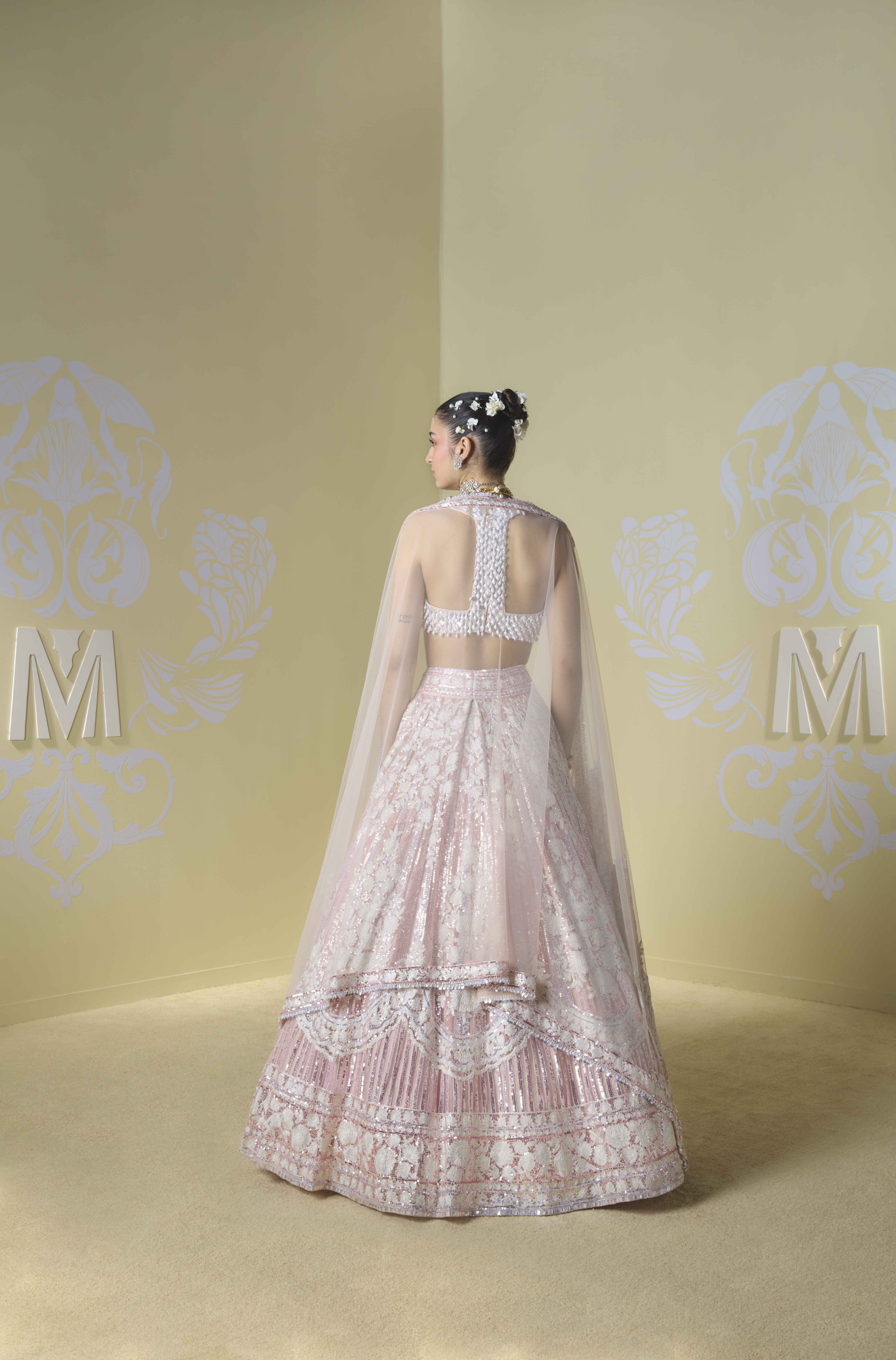 Pink and Peach Striped Sequins Kashmiri Lehenga Set