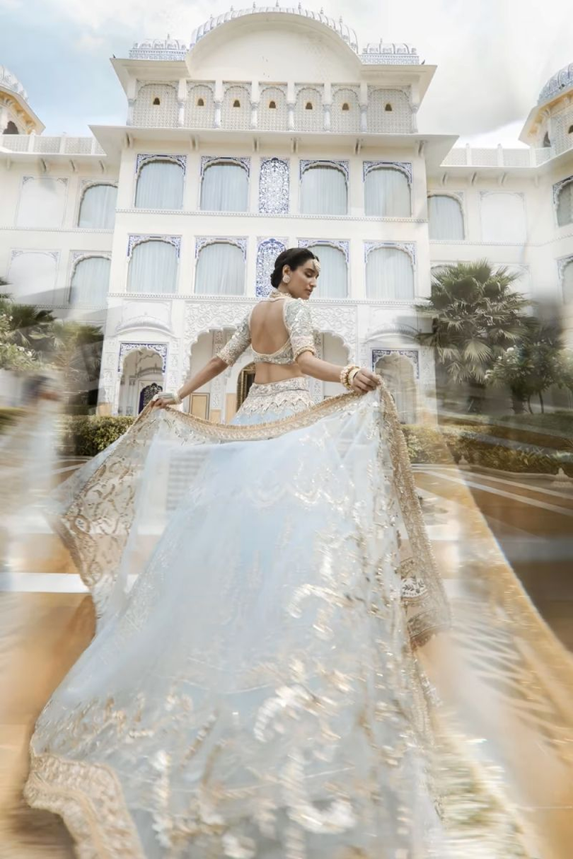 Powder Blue and Gold Embroidered Lehenga Set