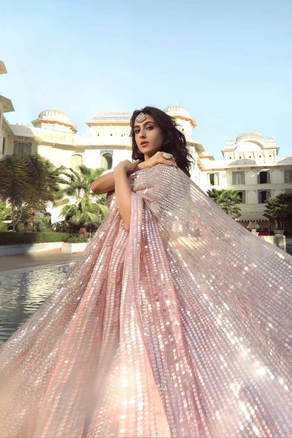 Sara Ali Khan in our Blush Multicoloured Sequins Embroidered Lehenga Set