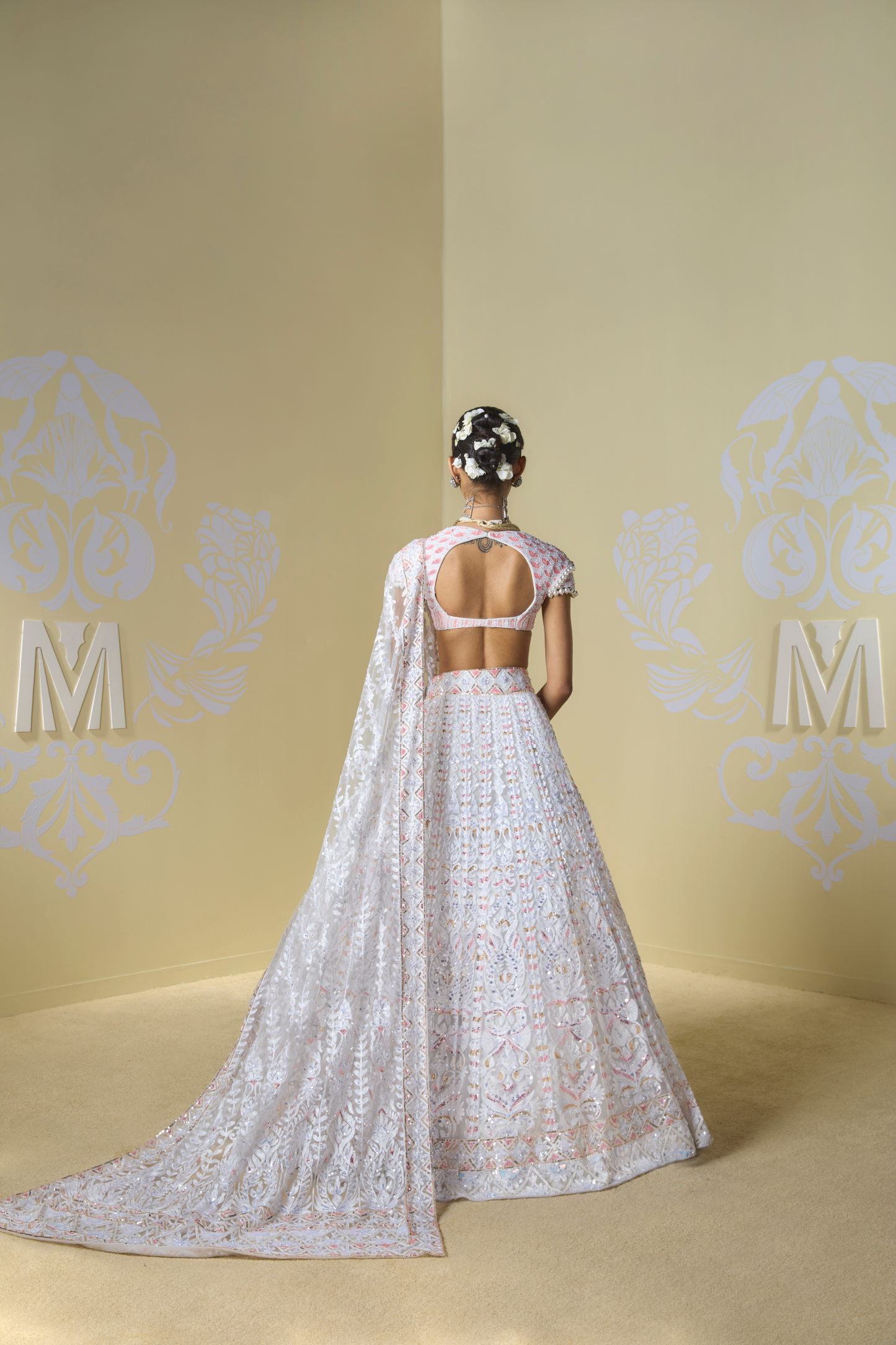 Ivory Sequins Kashmiri Lehenga Set