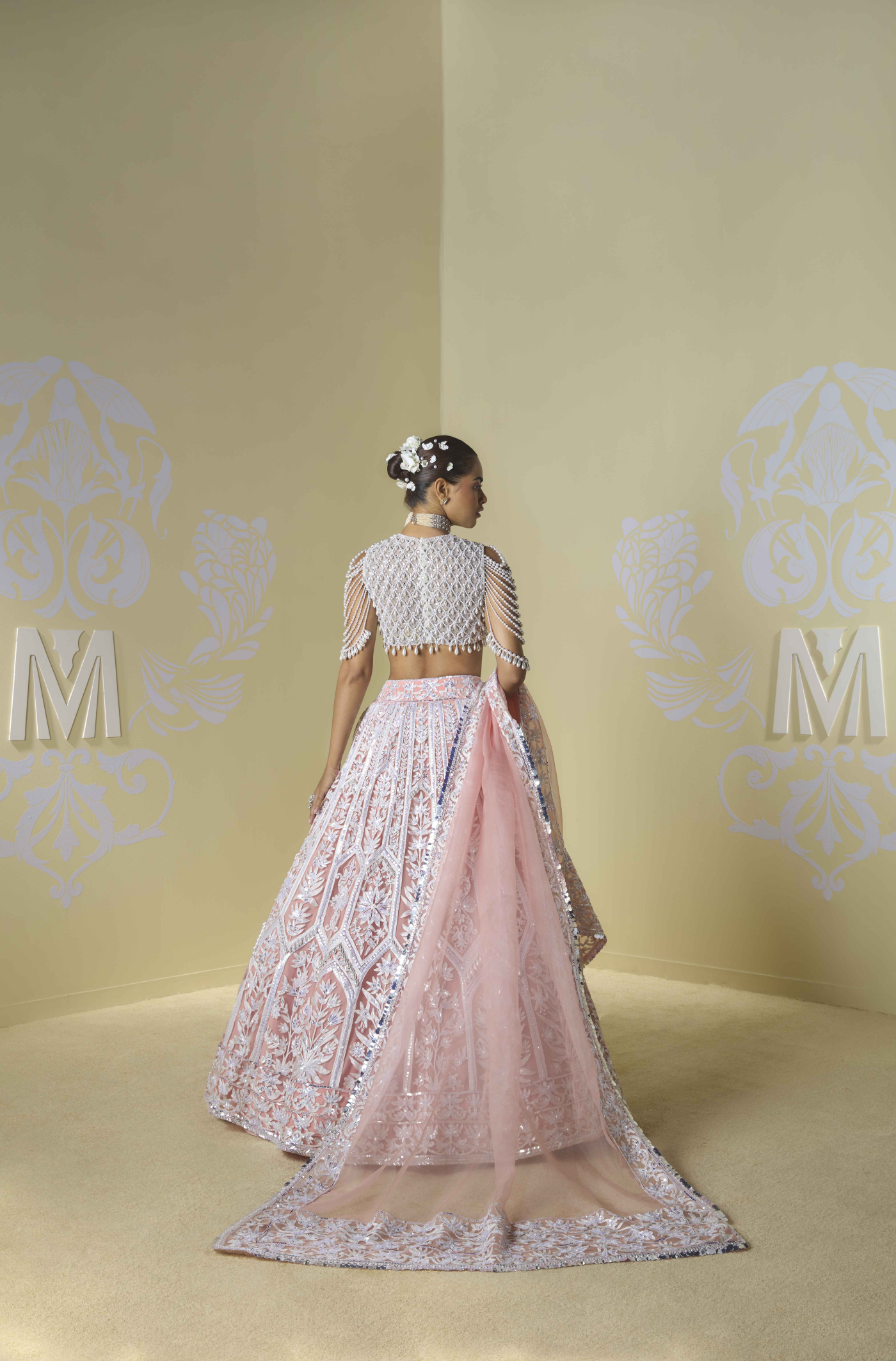 Peach and Ivory Geometric Kashmiri Lehenga Set