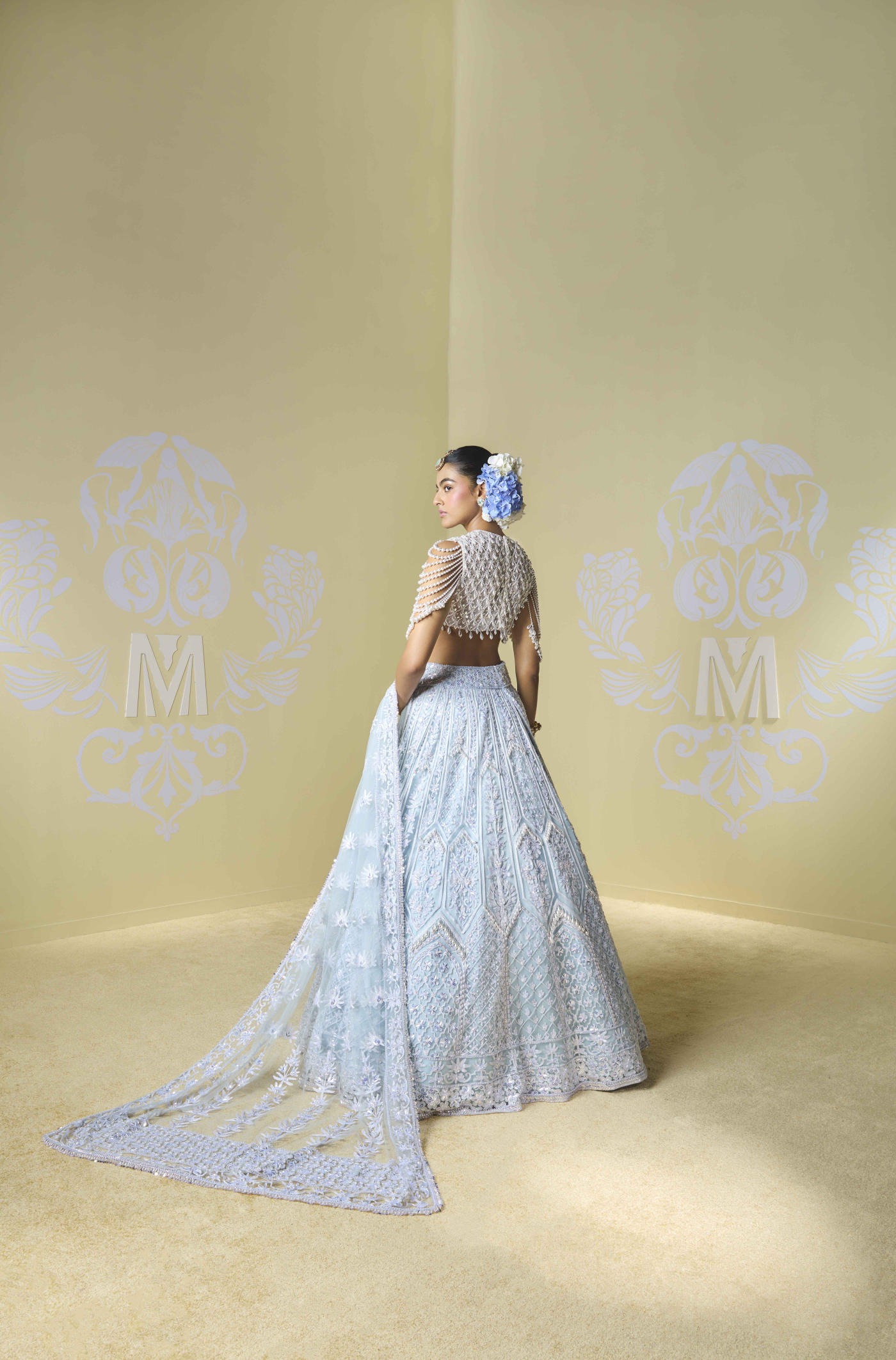 Powder Blue and Ivory Kashmiri Embroidered Lehenga Set