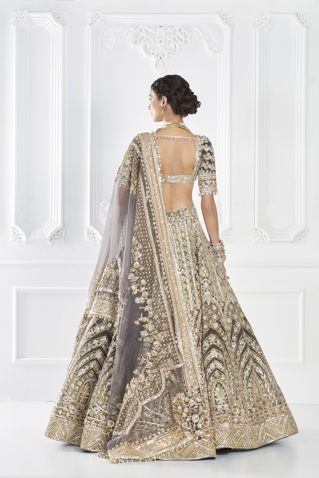 Grey Gold Velvet Embroidered Lehenga Set