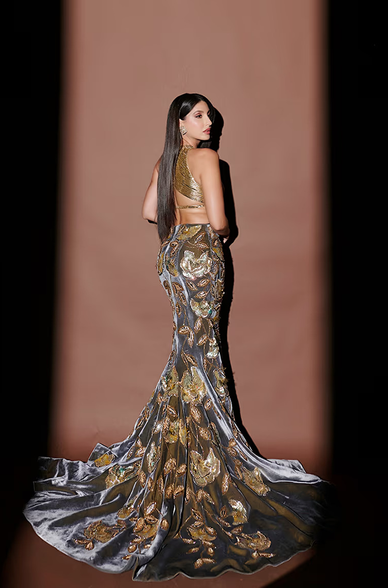 Nora Fatehi in our Grey Velvet Embroidered Lehenga Set