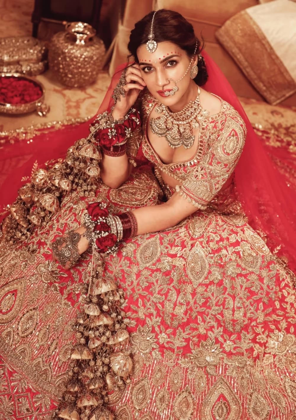 Kriti Sanon in our Red Zardozi Embroidered Bridal Lehenga Set