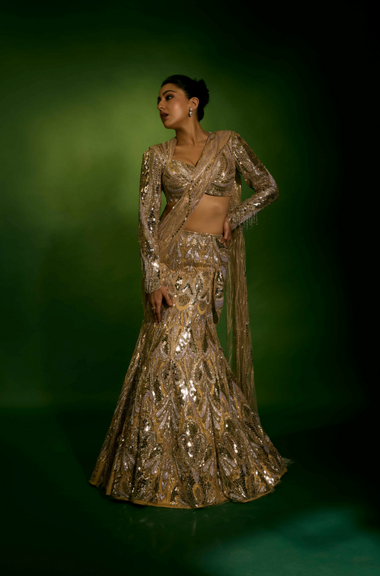 Sara Ali Khan in our Oyster-Gold and Silver Embroidered Lehenga Set