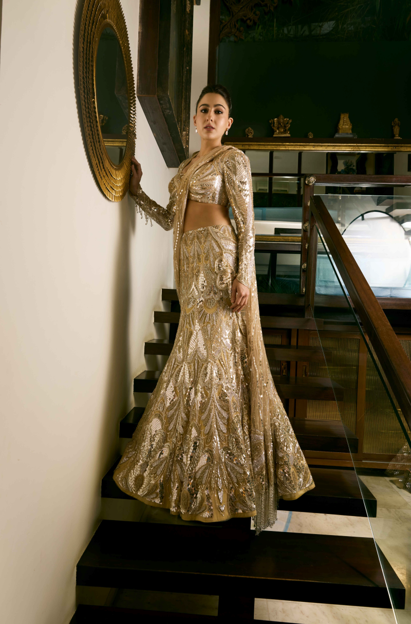 Sara Ali Khan in our Oyster-Gold and Silver Embroidered Lehenga Set