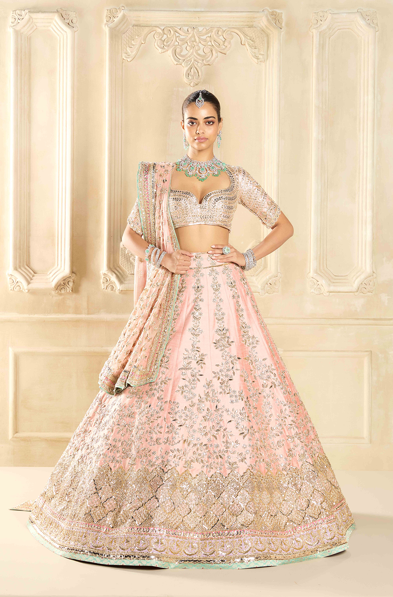 Peach Silk Embroidered Lehenga Set