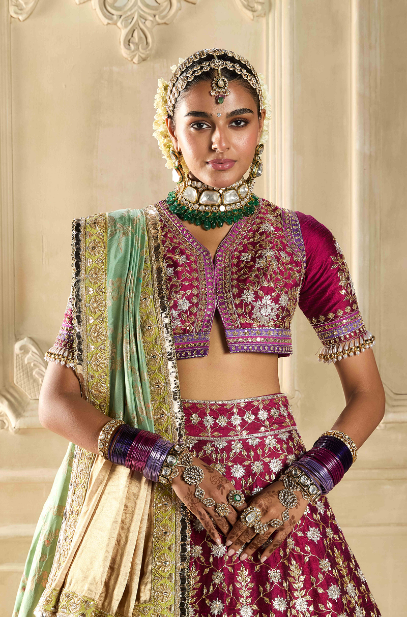 Maroon Embroidered Silk Lehenga Set