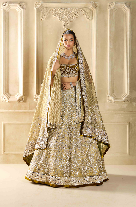Antique Gold Organza Embroidered Lehenga Set