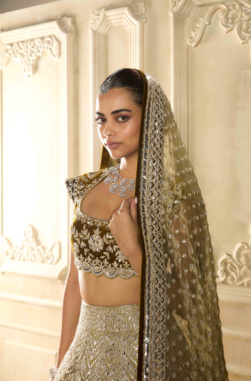 Antique Gold Organza Embroidered Lehenga Set