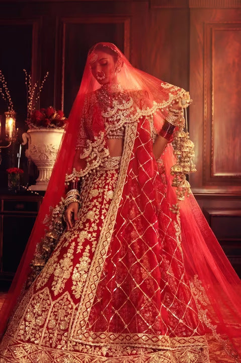 Scarlet Red Gold Dori Embroidered Lehenga Set