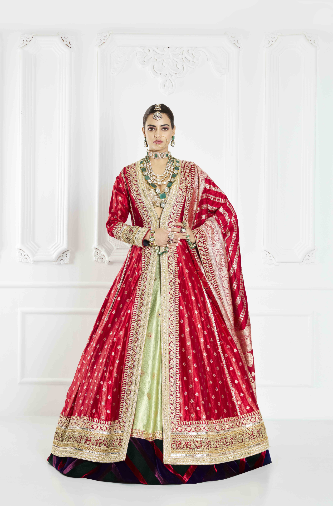 Red Long Brocade Jacket Lehenga Set
