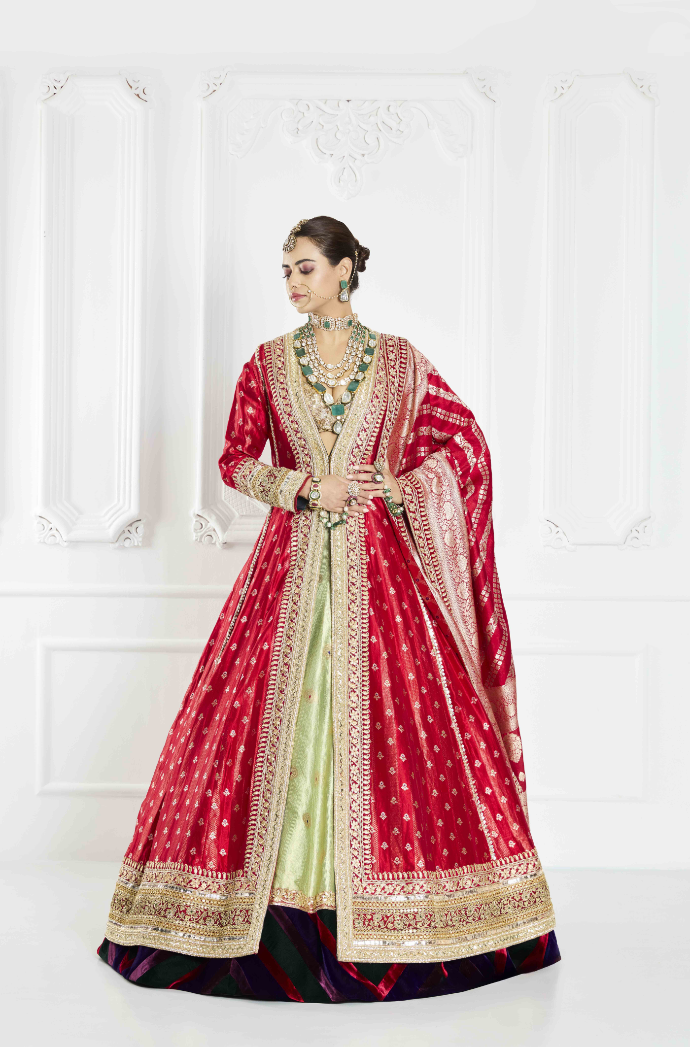 Red Long Brocade Jacket Lehenga Set