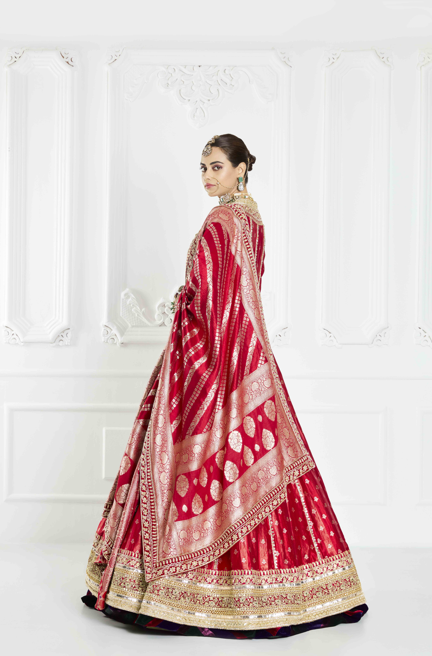 Red Long Brocade Jacket Lehenga Set