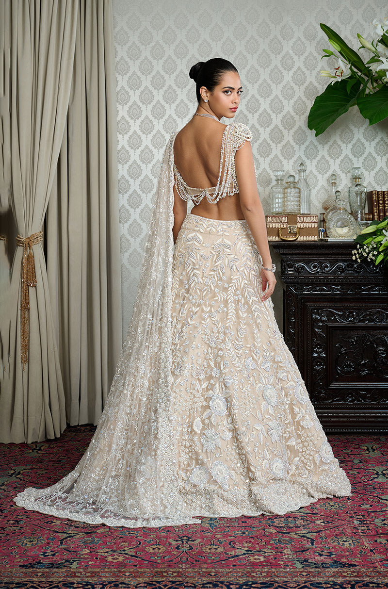 Cream Stone & Thread Leaf Embroidered Lehenga Set