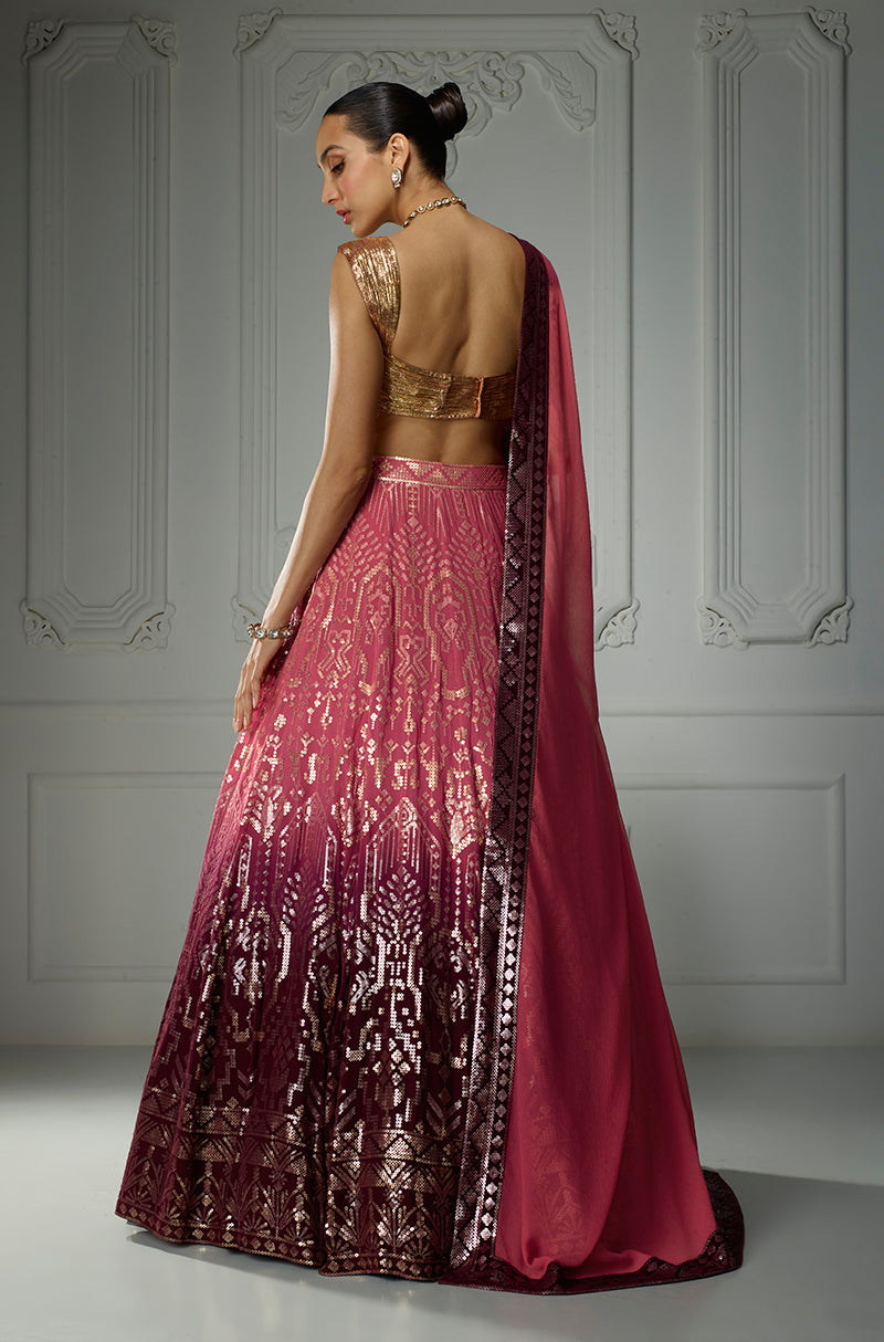Old Rose to Wine Ombré Aztech Sequin Lehenga Set