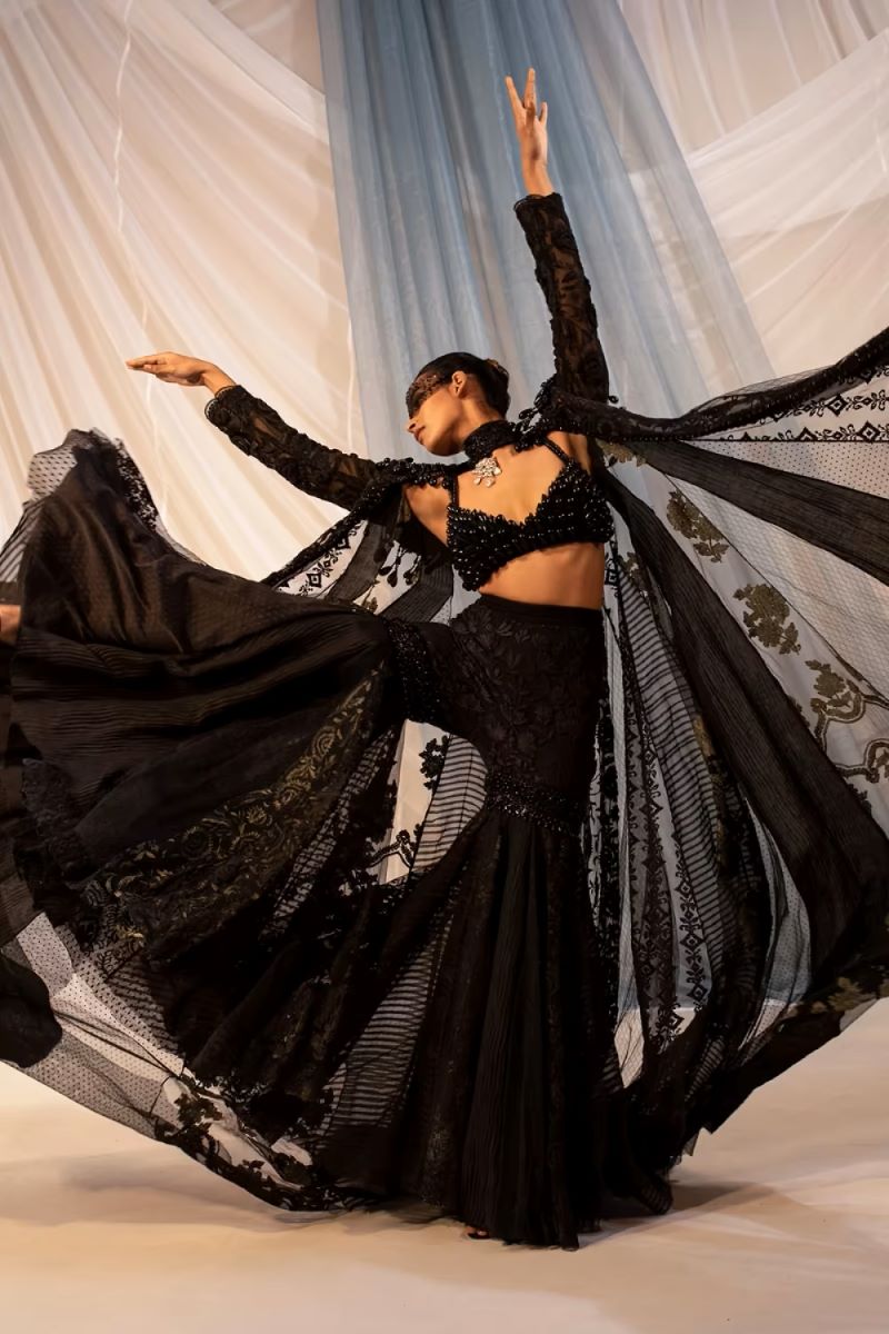 Black Patchwork Mijwan Sharara Cape Set