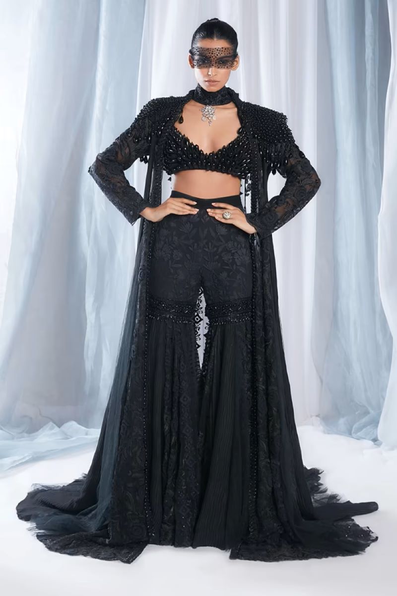 Black Patchwork Mijwan Sharara Cape Set