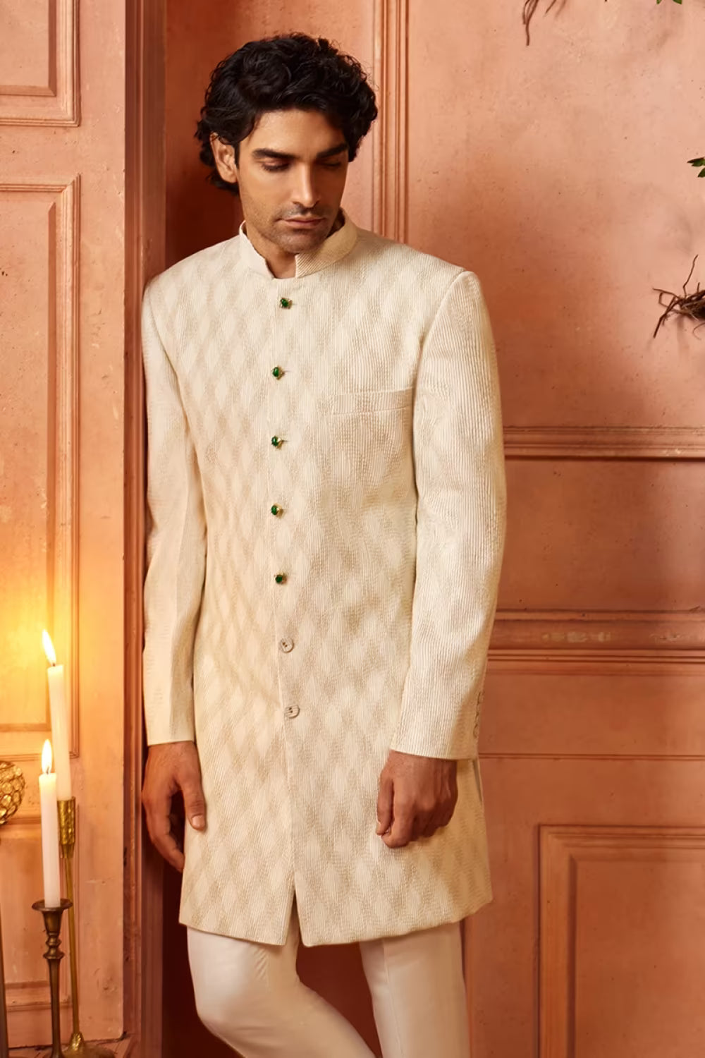 Ivory Silk Criss-Cross Pintucks Sherwani Set