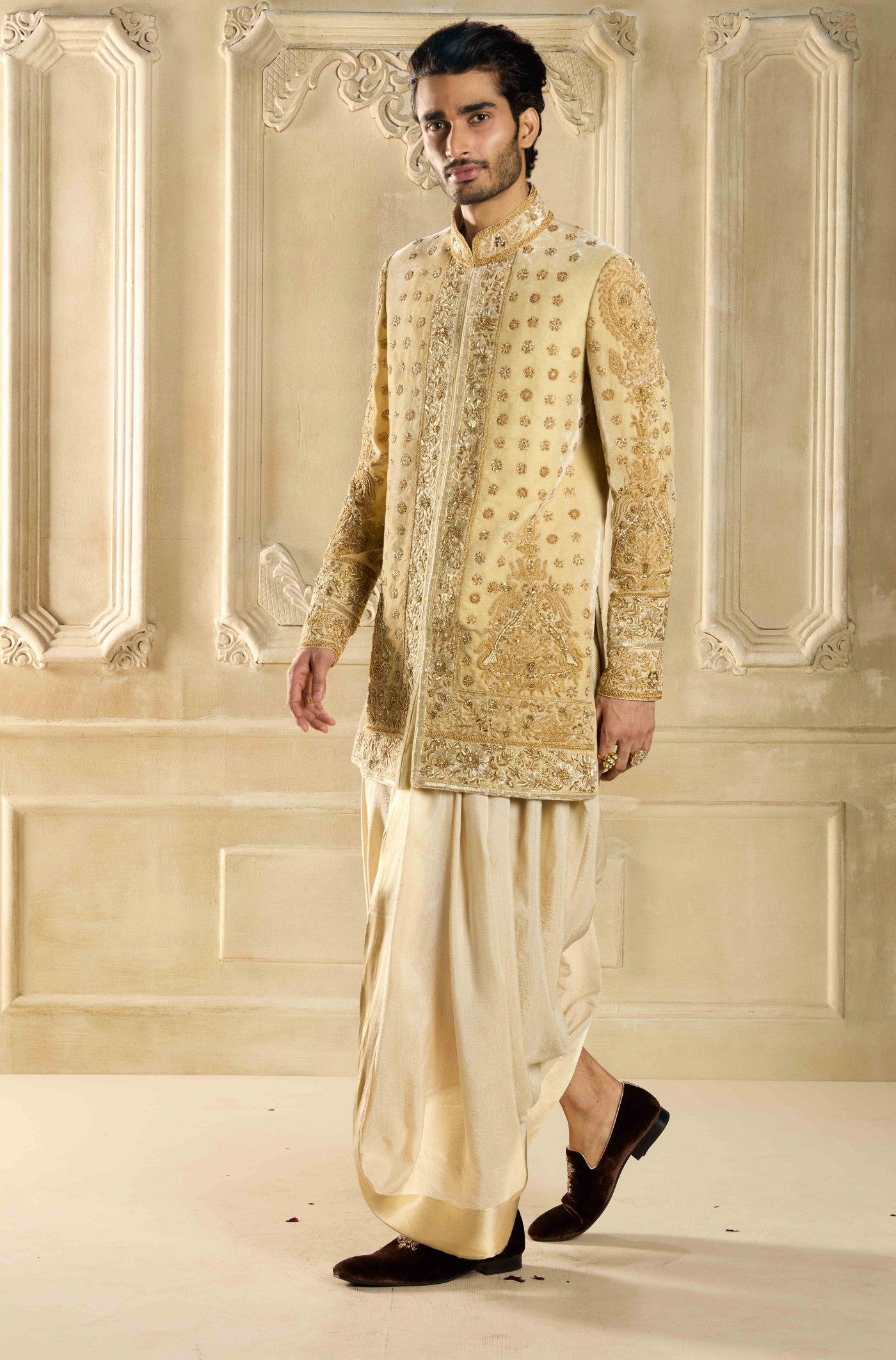 Beige Velvet Embroidered Sherwani Set