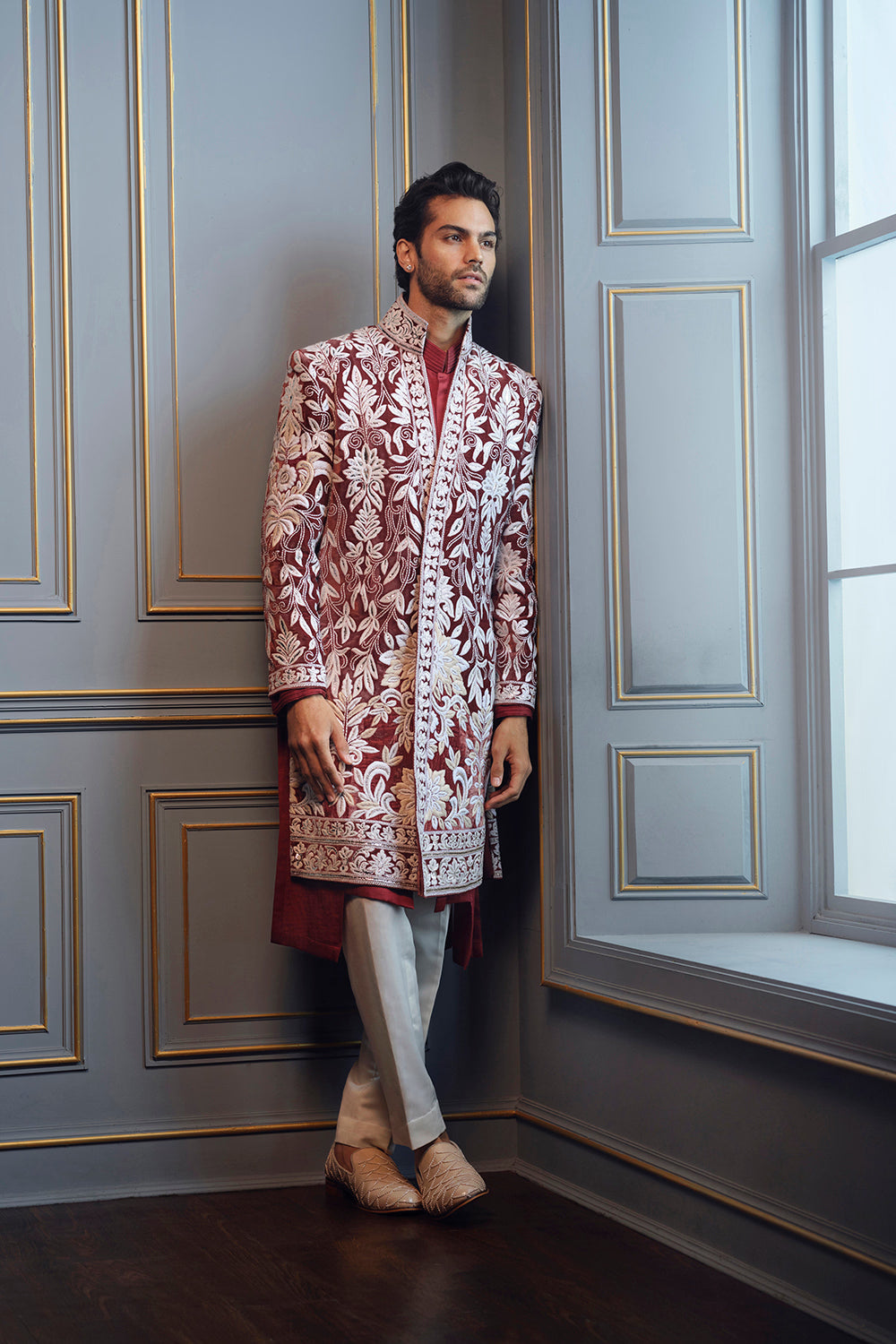 Rust Velvet Threadwork Sherwani Set