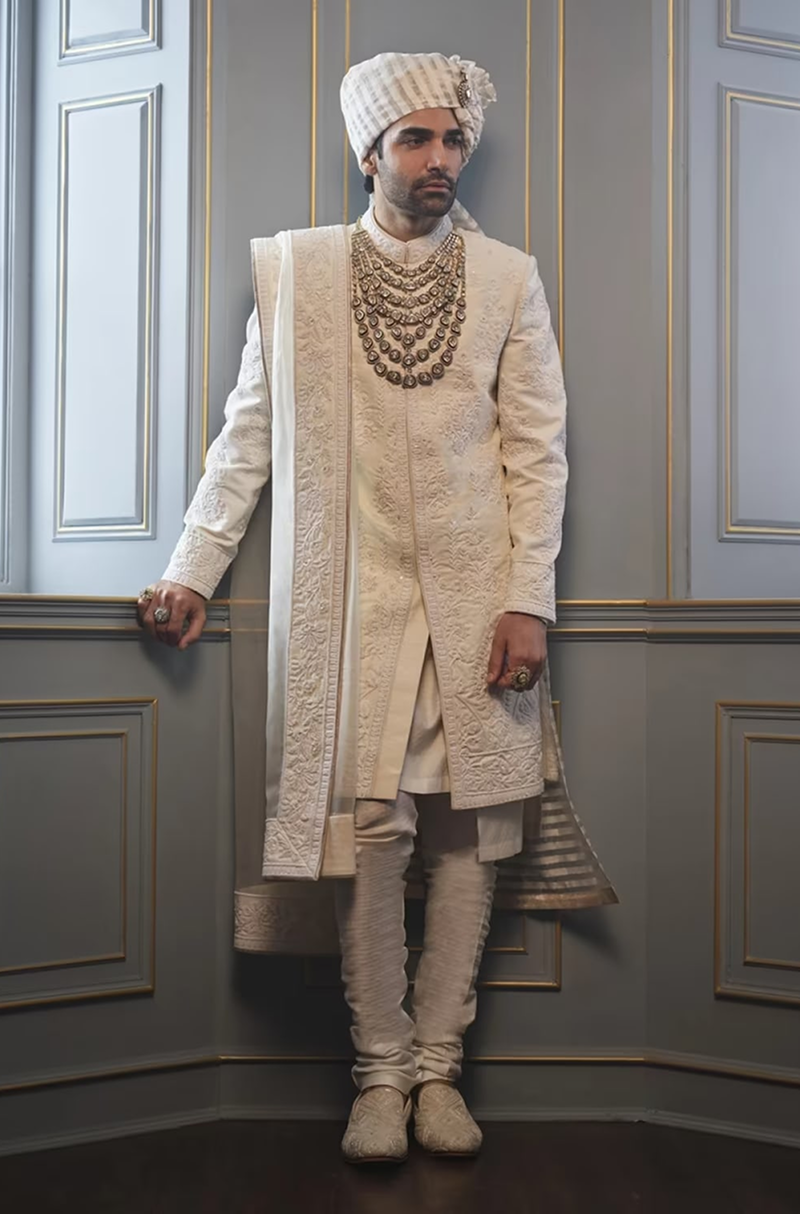 Ivory Floral Tonal Thread Embroidered Sherwani Set
