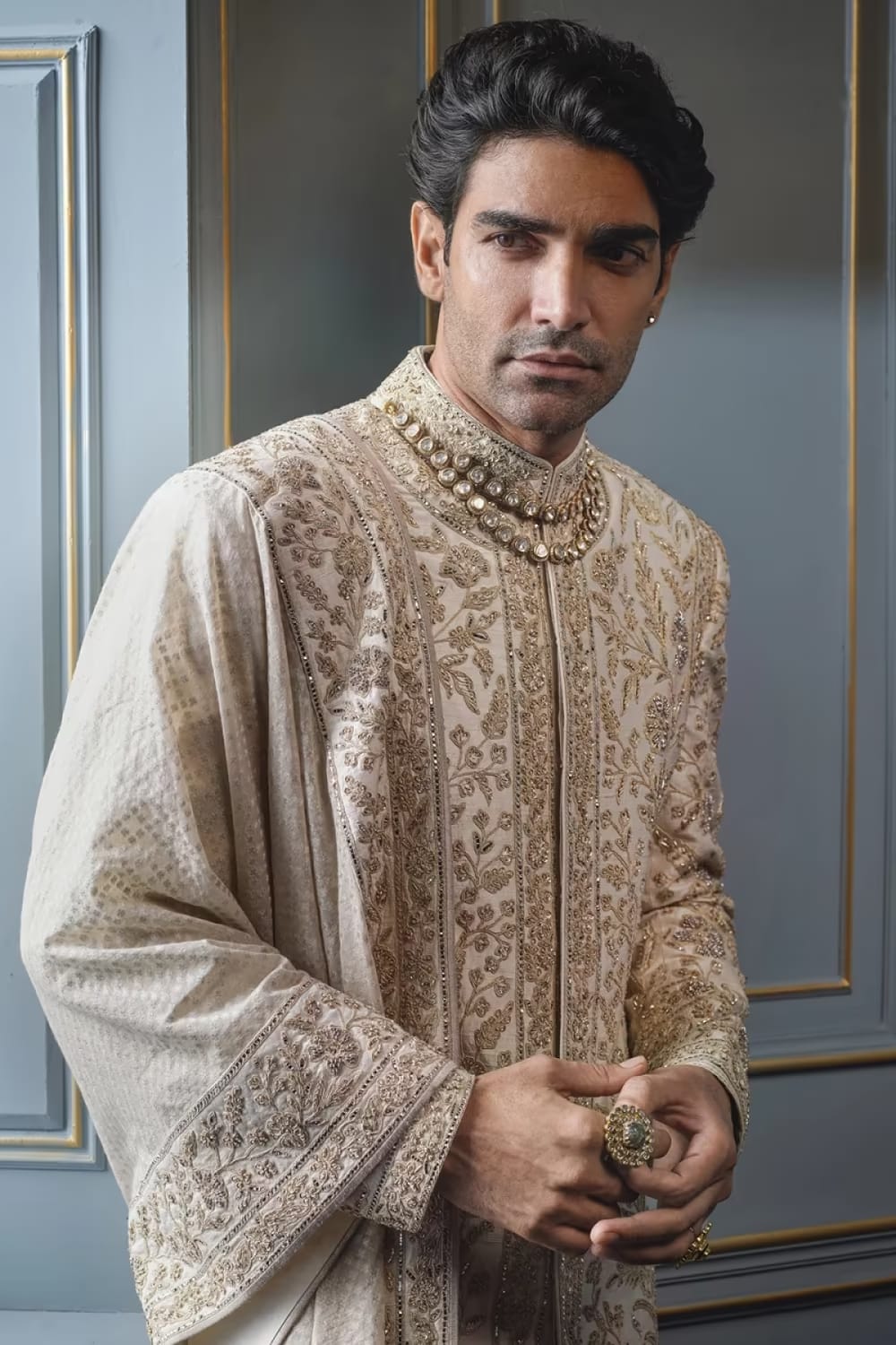 Ivory with Light Gold Embroidered Sherwani Set