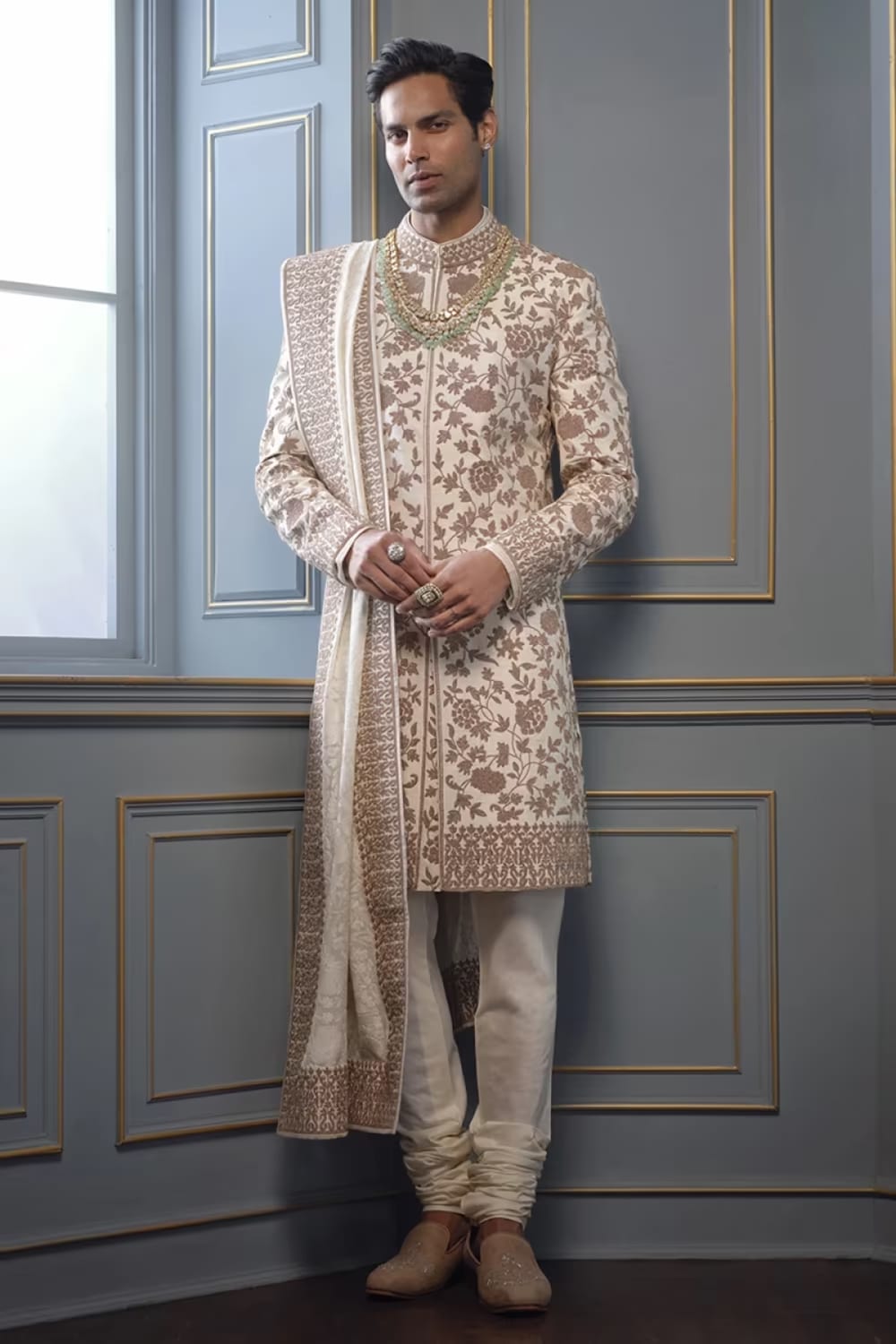Ivory with Antique Gold Embroidered Sherwani Set – Manish Malhotra
