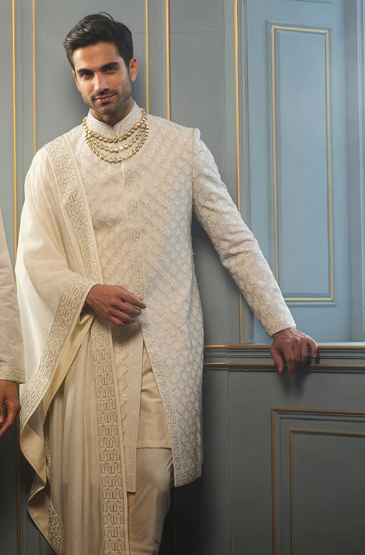 Ivory Embroidered Sherwani Set