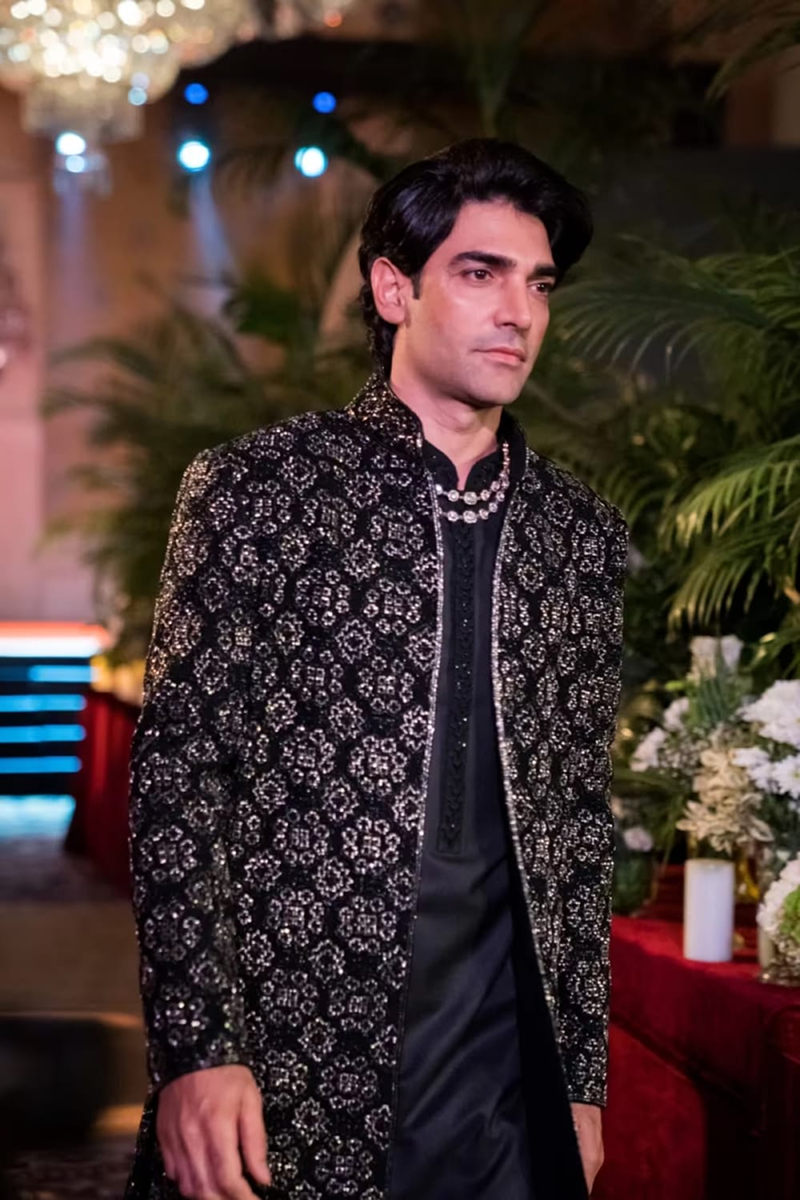 Black & Silver Geometric Embroidered Sherwani Set